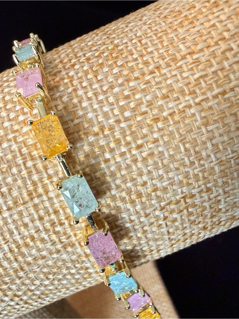 Gold-Plated Bracelet with Pastel Pink, Yellow, and Light Blue Gemstones